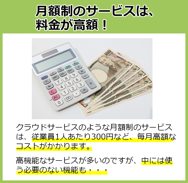 月額制のサービスは、料金が高額！クラウドサービスのような月額制のサービスは、従業員1人あたり300円など、毎月高額なコストがかかります。高機能なサービスが多いのですが、中には使う必要のない機能も…