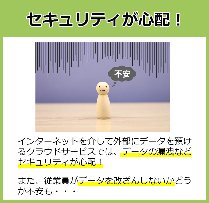 セキュリティが心配！インターネットを介して外部にデータを預けるクラウドサービスでは、データの漏洩などセキュリティが心配！また、従業員がデータを改ざんしないかどうか不安も…